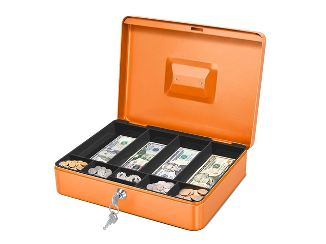 Small Cash Box with Money Tray and Lock, 11.4-Inch, Orange Portable Metal Money Box for Petty Cash with Removable 9-Compartment Tray, 4 Bill Slots,...