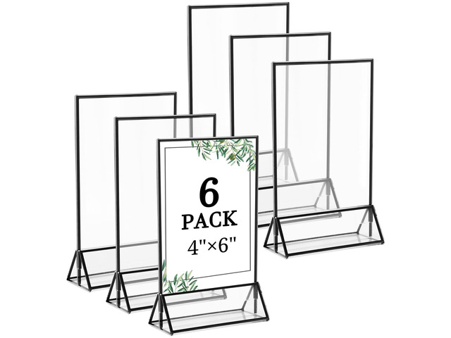 6 Pack 4x6 Inch Clear Acrylic Sign Holders, Double-Sided Black Display Stand Picture Frames for Table Numbers, Menus, Flyers, Weddings, and Offices