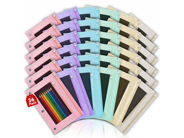 36 Pcs Pencil Pouch for 3 Ring Binder, 2 Pocket Zipper Binder Pouch Bulk, Pastel Binders Pencil Case, School Supplies for Boy Girl Student,...