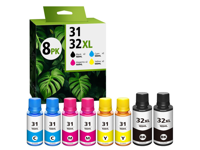 32XL Black Ink Bottle 31 Ink Bottle Set Compatible for HP Smart Tank Ink 8-Pack, Compatible 31 32XL Ink Bottle Set for Smart Tank 7602 6001 5101...