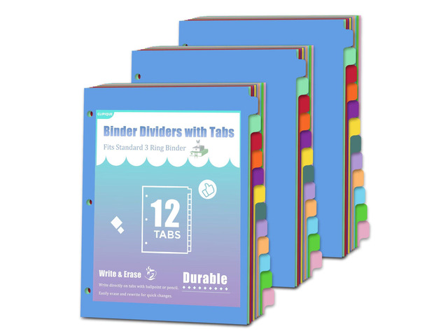 12-Tab Binder dividers with tabs for 3 Ring Binder, Write & Erase, Dividers for 8.5 x 11'' Letter Size Papers, Assorted Color, 3 Set, Ideal for...