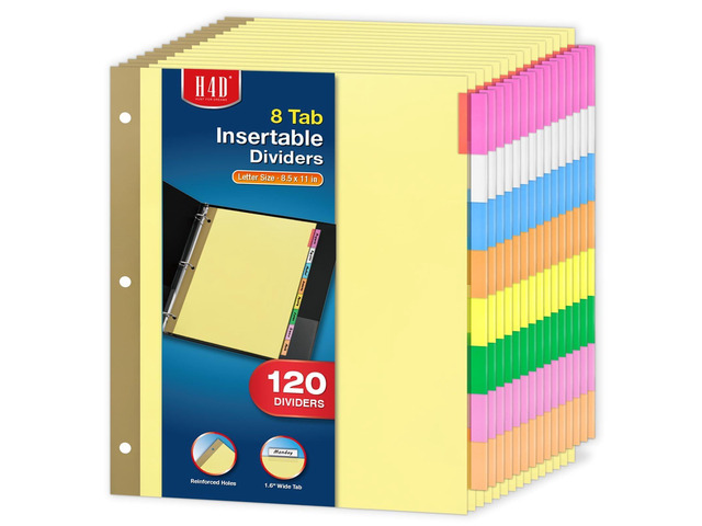120 Pack Insertable Binder Dividers with 8 Tabs for 3-Ring Binder Multicolor Tab Dividers, Letter Size, Gold-Reinforced Holes, Bulk Pack, Buff...