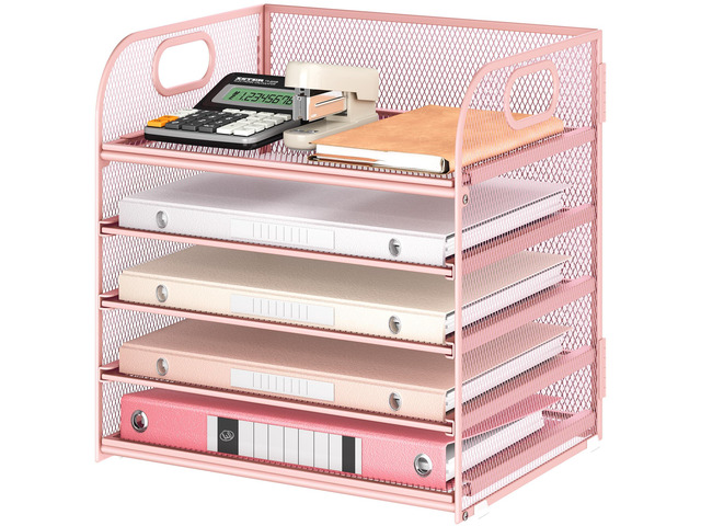5 Tray Paper Organizer Letter Tray with Handle - Mesh Desk File Organizer, Paper Sorter Organizer for Office, Home or School File Folder Holder - Pink