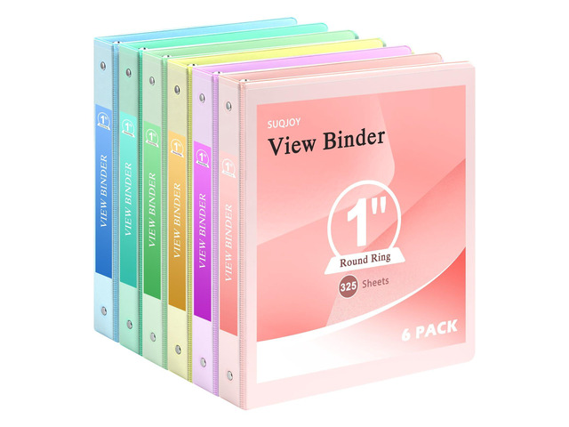 1' 3-Ring Binder, 1-inch Pastel Color Binders with 2 Inside Pockets, Clear View Cover Binder Holds 8.5'' x 11''Paper, Round Ring Binders for...