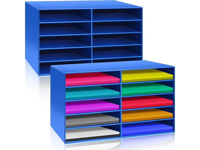 2 Pcs Construction Paper Storage, 10 Slots, Blue Classroom Mailboxe, Back to School Literature Sorter, Sturdy Cardboard Paper Organizer for...