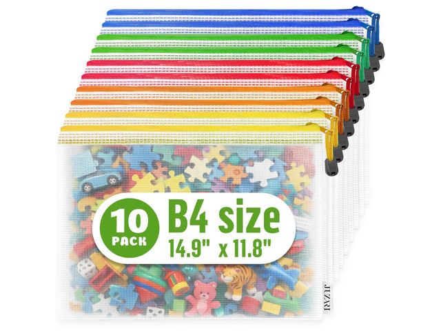 10 Pack Large Mesh Zipper Pouch B4 (12x15in) - Game Bags for Puzzle and Toy Storage Bags - Board Game Storage Zip Plastic Mesh Bags for Toys &...