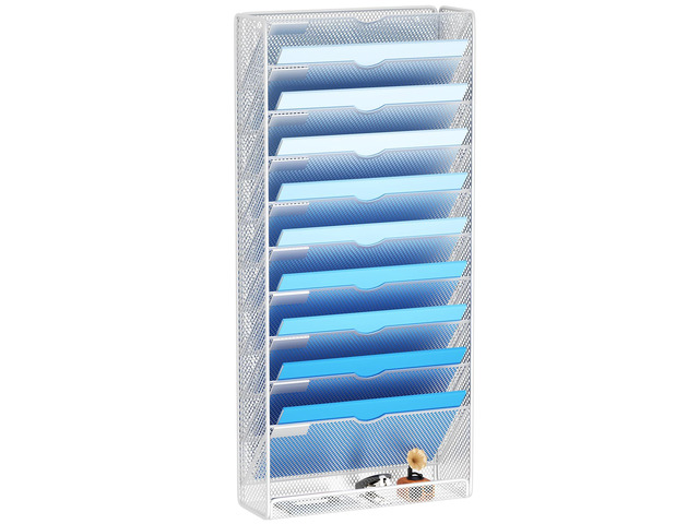 Hanging Wall File Organizer 10 Tier Wall Mounted File Holder Document Wall Organizer Magazine Organization for Office Home, Silver