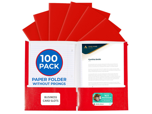 100 Pack Red 2 Pocket Paper Folders. Heavy Duty, Bulk Folders with Pockets and Business Card Slots. Colored Letter Size Document Organizers....