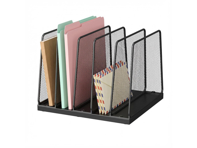 Desk File Organizer, 5-Section Upright File Sorter, Vertical File Folder Holder, Mesh Metal Wood Office Desktop Organization for Document,...