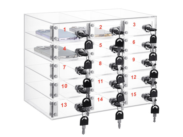 Cell Phone Locker Box for Classroom, Back to School, Clear, 15 Slots Clear Acrylic Cell Phone Storage Cabinet Bin with Door Locks for Classroom...