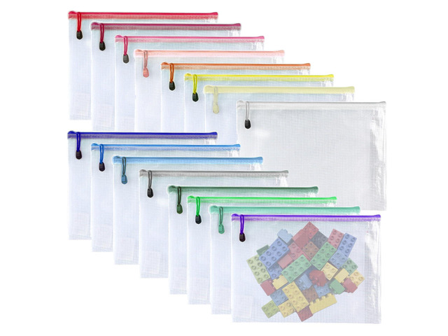 11 x 14'-16 Pcs-Plastic Mesh Zipper Pouch Document Folders Bag Zip File Bags for Office Supplies,Home,Travel Storages,Puzzle Board Games Storage-...