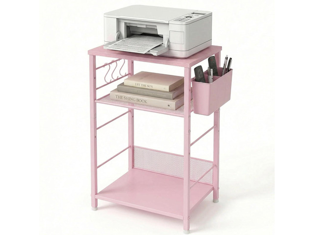 Small 3 Tier Printer Stand for Under Desk, Height Adjustable Shelf Printer Table with 3 S-Hooks & Basket, Heavy Duty Industrial Storage Shelf for...