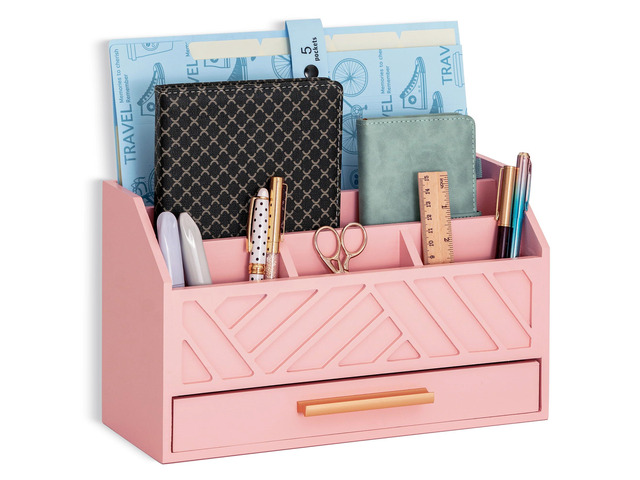 Pink Wood Desk Organizer and Accessories with Drawer, Bill Mail Organizer and File Mail Holder for Office Supplies, Modern Desk Accessories &...