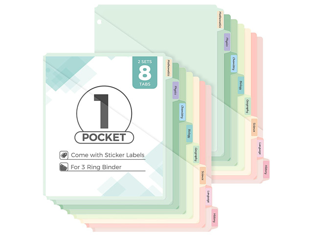 Binder Dividers with Tabs and Pockets, 8 Tabs Dividers for 3 Ring Binder Plastic Binder Dividers for School, Office, Home
