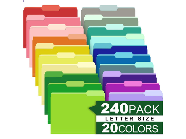 240 Pack Colored File Folders,20 Colors File Folders Letter Size Manilla Folders 8.5 x 11,1/3 Cut Tab Filing Folders for Office School Business...
