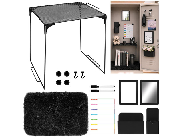 15 PCS Black School Locker Organizer Kit with Shelf and Accessories Locker Accessories Include Shelf, Rug, Magnetic Mirror, Whiteboard with Marker...