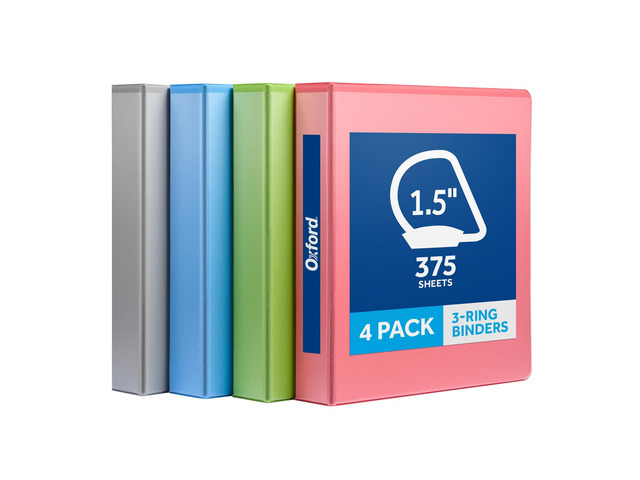 1.5 Inch 3 Ring Binders, 4 Pack, Assorted Colors, Holds 375 Sheets D rings, clear view covers for custom inserts, and 2 inside pockets. PVC free,...