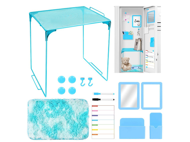 15 PCS Blue School Locker Organizer Kit with Shelf and Accessories Locker Accessories Include Shelf, Rug, Magnetic Mirror, Whiteboard with Marker...