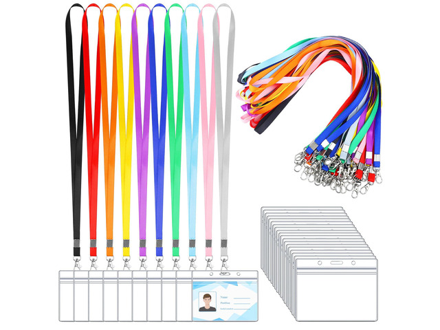 50 Pack ID Badge Lanyards with Clear Holders, Horizontal, Multicolor 10 colors, polyester lanyards, waterproof holders, 360° swivel hook, for...