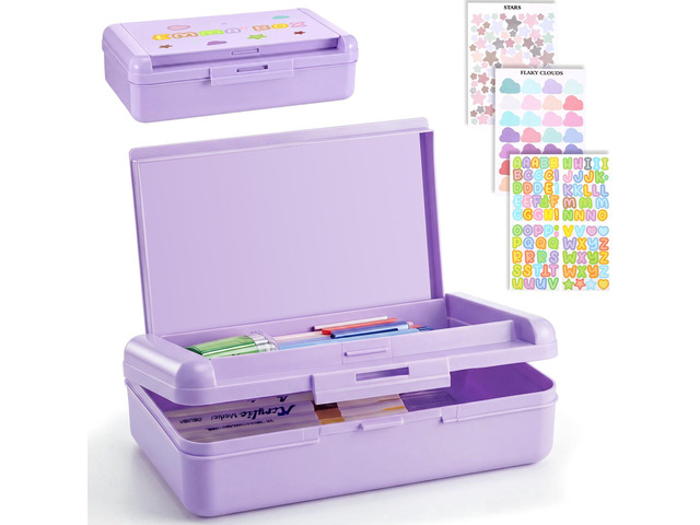 2 Pcs Double Layer Plastic Pencil Box with 3 Stickers,Solid Purple Large Capacity Pencil Case for Kids Girl Boy Back to School Supplies Hard Crayon...