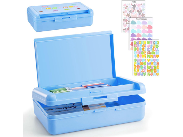 2 Pcs Double Layer Plastic Pencil Box with 3 Stickers,Solid Blue Large Capacity Pencil Case for Kids Girl Boy Back to School Supplies Hard Crayon...