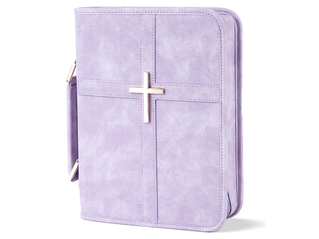 Vegan Leather Bible Cover Case, Bible Bag with Phone Pocket, Bible Case for Women, Christian Gift Box Packaging (Purple)