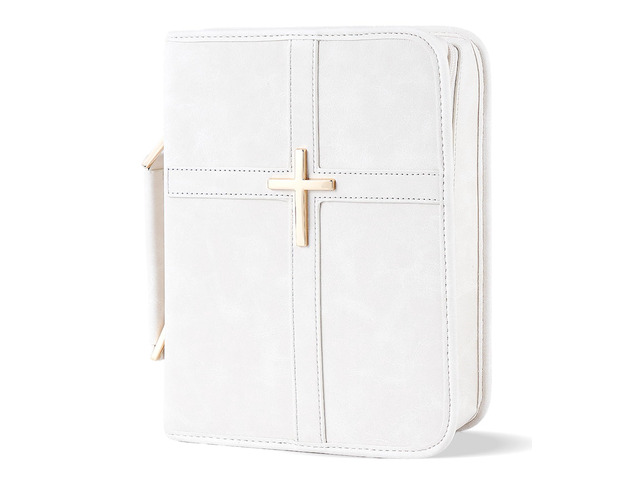 Vegan Leather Bible Cover Case, Bible Bag with Phone Pocket, Bible Case for Men Women, Christian Gift Box Packaging (White)