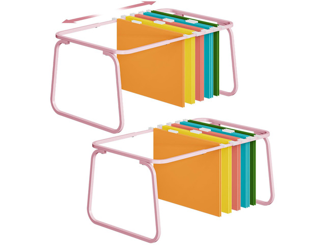 Hanging File Folder Frame, Adjustable Letter Size File Holder 16-25 Inches, Metal File Cabinet Rails for Office, Home, School, 2P(Pink)
