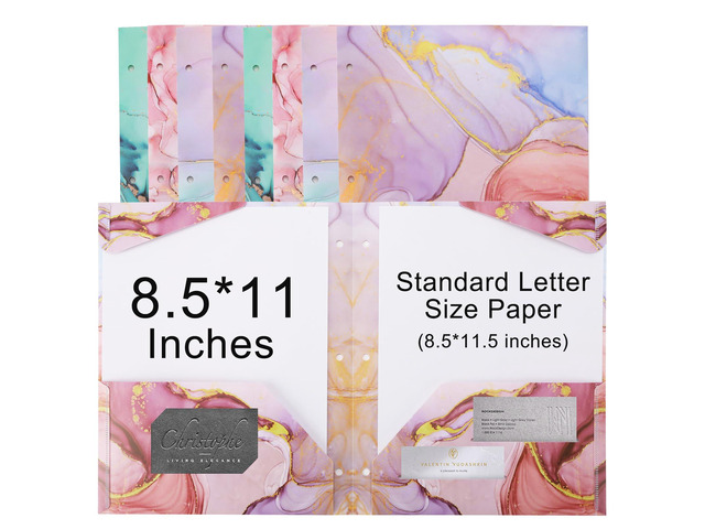 8 pcs Plastic Folders with Pockets,3 Hole Punched Folders Heavy Duty Binder Folder for 3 Ring Binder,Cute Marble Colors 2-Pocket Folders for...