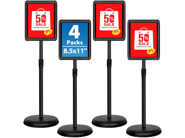 4Pack 8.5x11 Sign Stand - Adjustable Floor Standing Sign Holder Pedestal Poster Stand, Adjustable Height, Vertical/Horizontal Snap-Open Frame,...