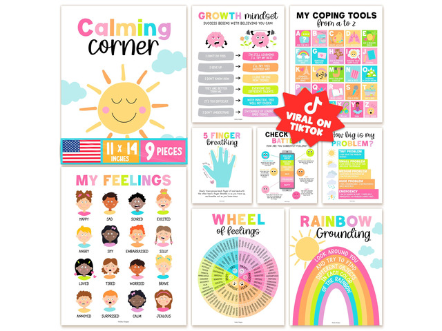 9 Calming Corner Classroom Must Haves, Coping & Feelings Poster for Kids Calm Corner Posters with Emotions Chart, School Counselor Mental Health...