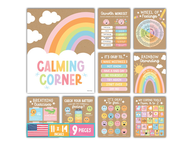 9 Calming Corner Classroom Must Haves, Coping & Feelings Poster for Kids Calm Corner Posters with Emotions Chart, School Counselor Mental Health...