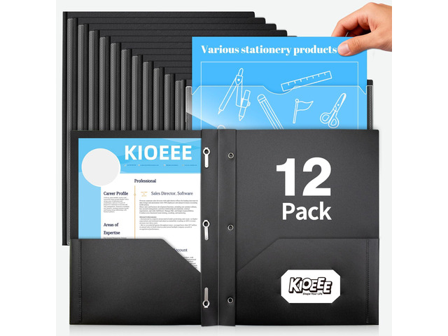 Black Plastic Folders with 2 Pockets & Prongs & Clear Front Cover(12 Pack), Heavy Duty Letter Size Plastic Folders for School Office, Letter Size Paper