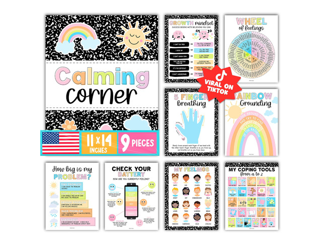 9 Calming Corner Classroom Must Haves, Coping & Feelings Poster for Kids Calm Corner Posters with Emotions Chart, School Counselor Mental Health...