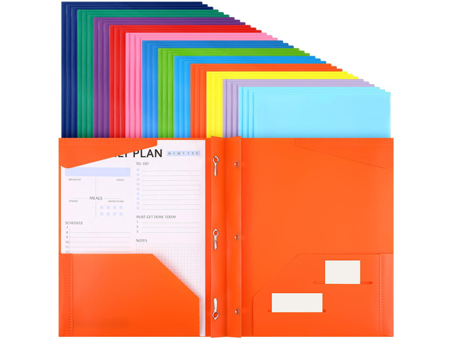 36 Plastic Folders with 3 Prongs Bulk, Mix Colors Heavy Duty Folders with Clear Front Pockets and Card Slots Folder with Fasteners Fit Letter-size...
