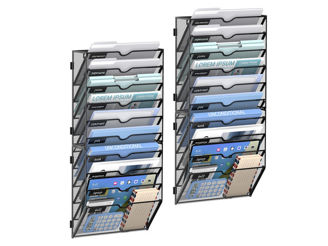 10-Tier Wall File Organizer and Hanging File Organizer, Black, 2Pack Wall Organizer and Wall Mounted File Holder with 10 Pockets and Label Panels...