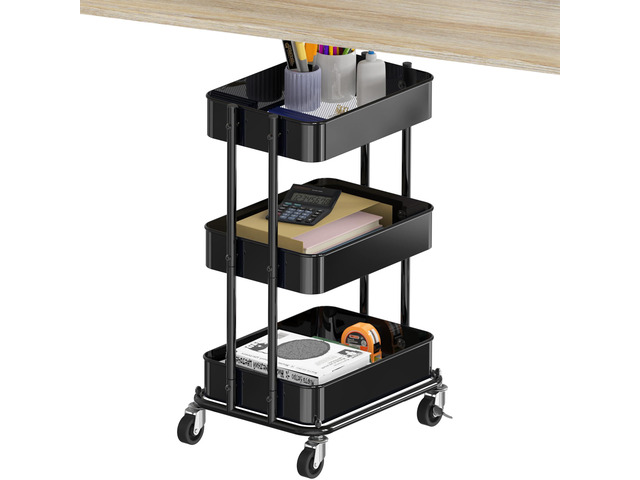 3-Tier Utility Cart, Low 24' Height Fits Under Desk, Black Compact & Lower Height Great for Under-Desk Space-Saving Storage for Home Office, Dining...