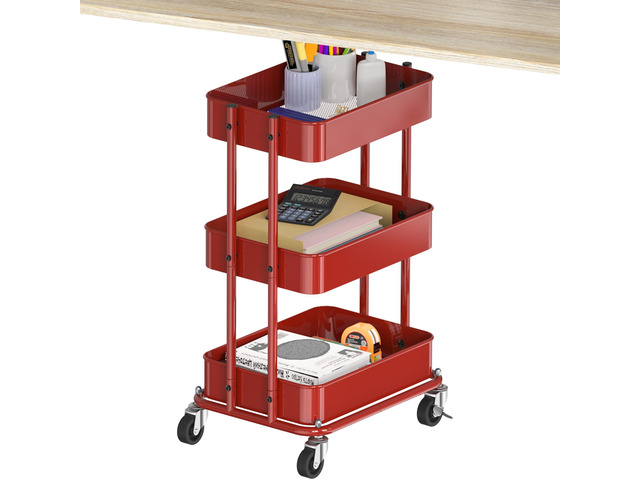 3-Tier Utility Cart, Low 24' Height Fits Under Desk, Red Compact & Lower Height Great for Under-Desk Space-Saving Storage for Home Office, Dining...