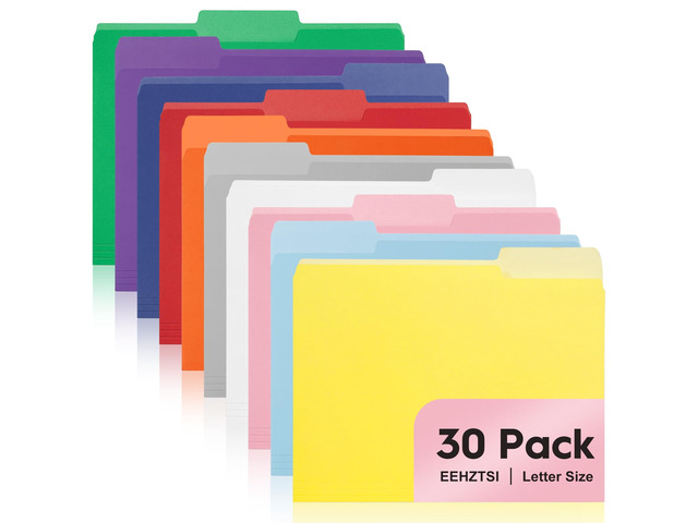 30-Pack Color File Folders, 1/3 Cut Tab, Assorted 10 Colors Letter Size Manilla Folder for School/Office/Classroom