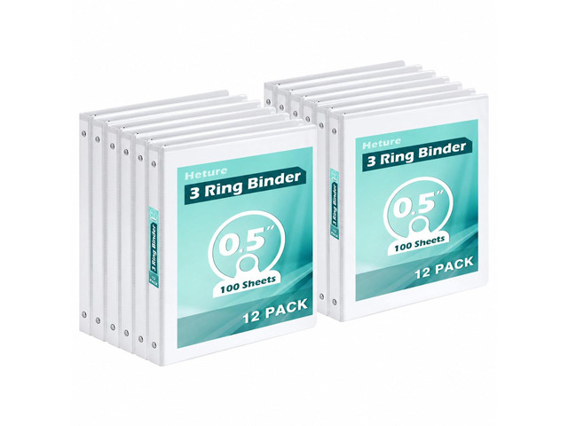 0.5 Inch 3 Ring Binders 12 Pack, PVC Free, Slim Presentation Binder Holds 100 Sheets, Clear View Cover with 2 Interior Pockets for Office, Meetings...