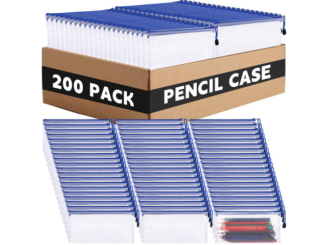 200 Pcs A6 Mesh Zipper Pouches Bulk 9.4'x4.5',Blue Colors Waterproof Pencil Bags for Office Supplies, Transparent Design for Stationery Storage,...