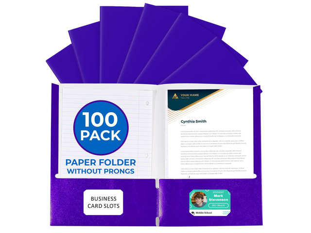 100 Pack Purple 2 Pocket Paper Folders. Heavy Duty, Bulk Folders with Pockets and Business Card Slots. Colored Letter Size Document Organizers....