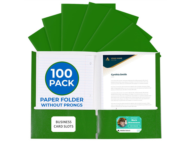 100 Pack Green 2 Pocket Paper Folders. Heavy Duty, Bulk Folders with Pockets and Business Card Slots. Colored Letter Size Document Organizers....