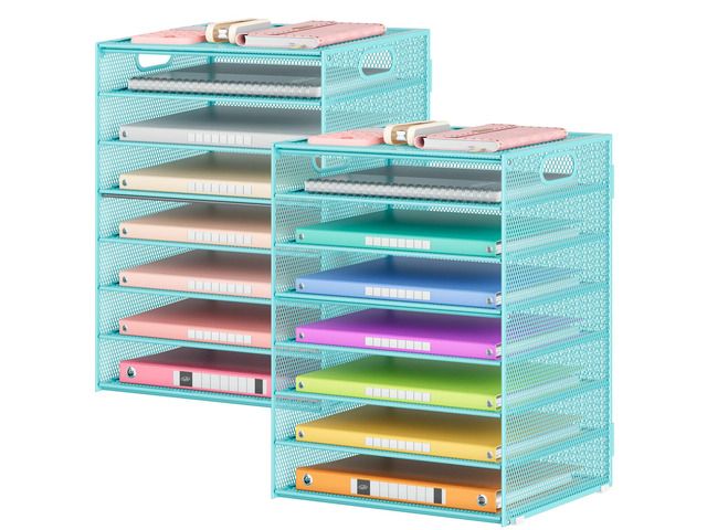 2 Pack 8-Tier Office Desk File Organizer, Letter Tray Paper Organizer with Handle, Including 5 Adjustable Slide Trays for Organizing Desk Workspace...