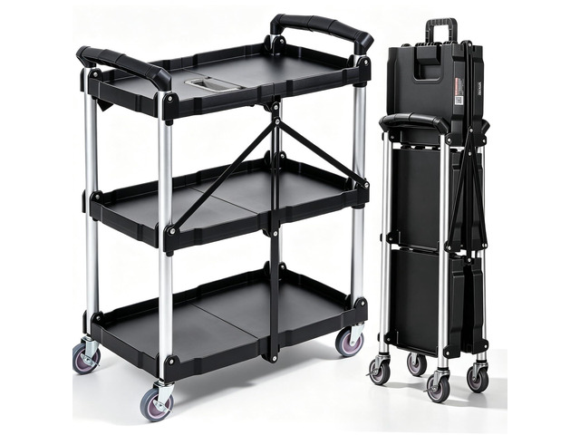Foldable Utility Service Cart, 165LBS 3 Shelf Heavy Duty Plastic Rolling Cart with 360° Swivel Wheels (2 with Brakes), Ergonomic Handle, Portable...