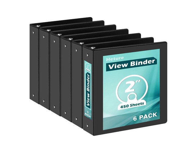 3 Ring Binder 2 Inch 6 Pack,2' Clear View with Round Rings, PVC-Free,Holds for 450 Sheets 8.5X 11 US Letter Size Paper, Durable Black Binders...