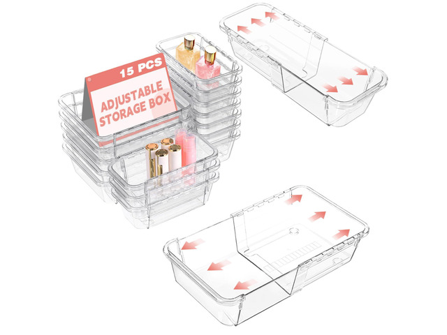 15 Pcs Expandable Drawer Organizer, All Adjustable Storage Box, Clear 2-Size Vanity Drawer Organizer, Acrylic Storage Bins for Makeup, Cosmetic,...