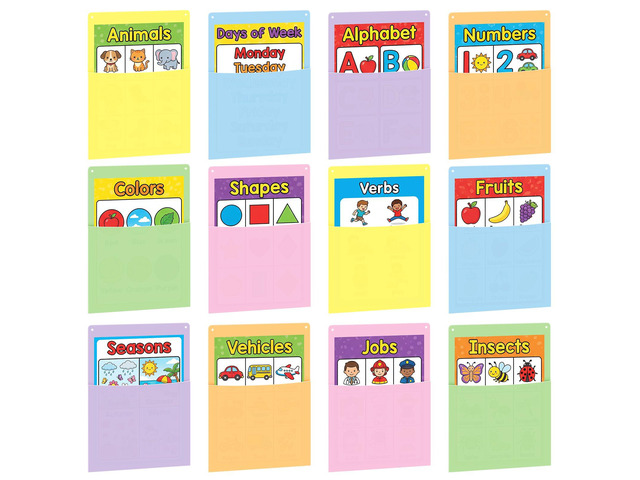 12 Pcs Pastel Plastic Wall Pockets 12.6' x 9.4' File Holder Bulletin Boards Pockets, Hanging Wall Mounted, Mail Organizer, Classroom Office...