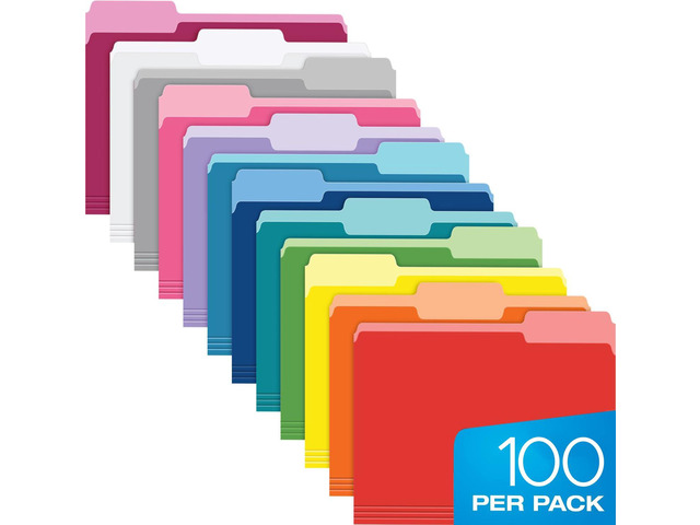 Colored File Folders Letter Size - 100 Pack of 12 Assorted Color Folders for Documents - 1/3-cut Tabs
