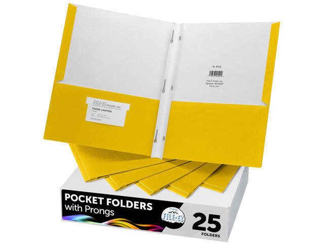 Two-Pocket Folders with 3-Prong Fasteners, Yellow Color, 25-Pack, Durable Textured Paper, Matte Finish, Letter Sheet Size (EZ-92570)